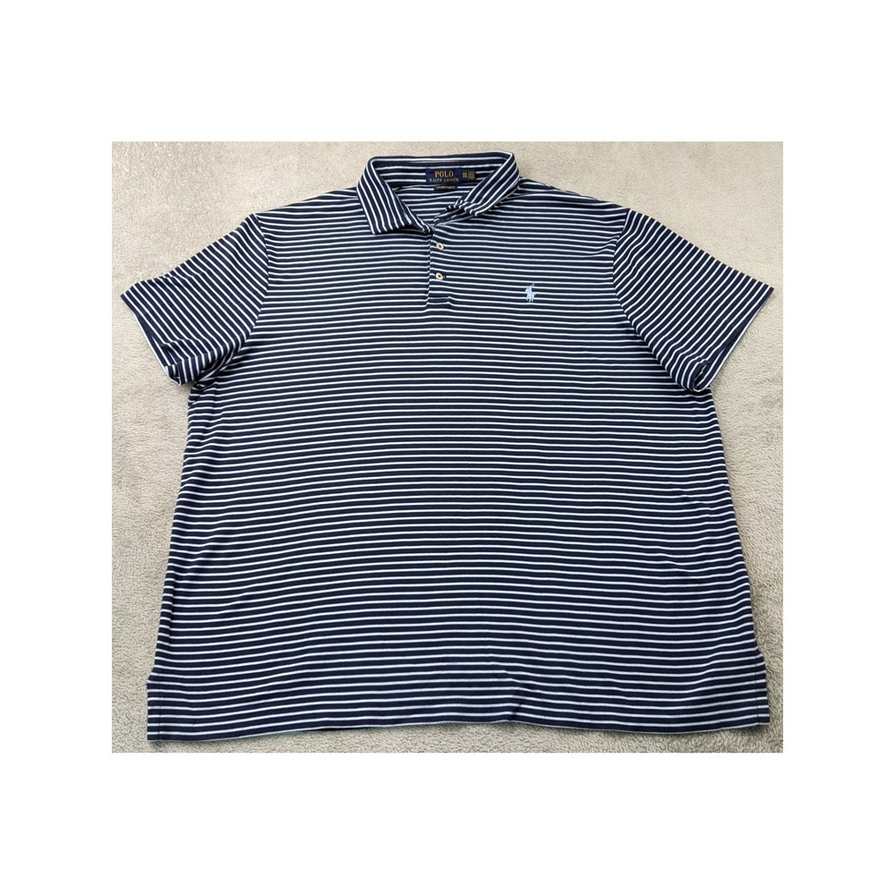 Polo Ralph Lauren XXL Custom Slim Fit Striped Polo Shirt Mens Blue Short Sleeve - Picture 2 of 9
